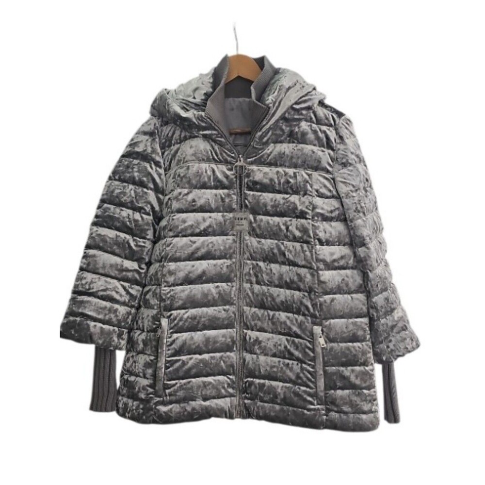 DKNY Sport Velvet Down Puffer Jacket Womens M Silver Gray Hooded Winter Coat